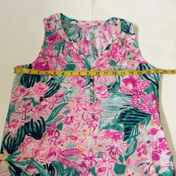 Lilly Pulitzer Via Flora design sleeveless top gold buttons. Pink aqua, size S - Picture 4 of 10